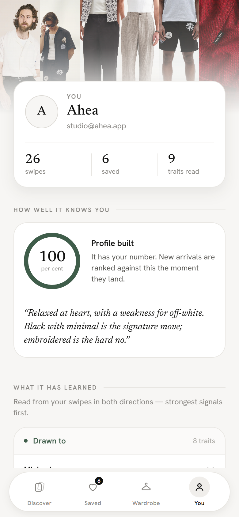 The watch the profile build screen of the Ahea app
